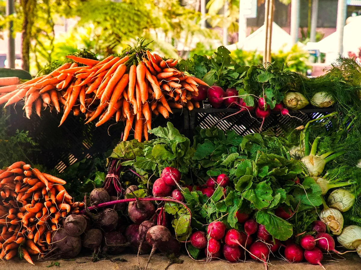 Freshly harvested vegetables at a market stall.